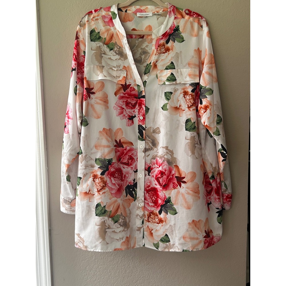 Calvin Klein Womens 2X Floral Button Front Tunic Long Sleeve Roll Tab Blouse